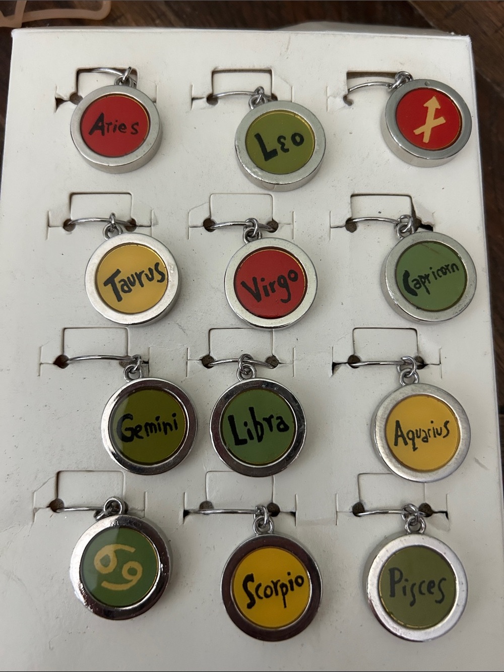 wine glass charms themed around the signs of the zodiac.
